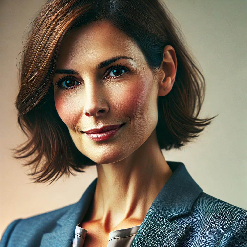 DALL·E 2024-11-28 16.37.12 – A professional profile picture of a woman in her mid-forties, wearing business attire (blazer and blouse), with a friendly and approachable expression